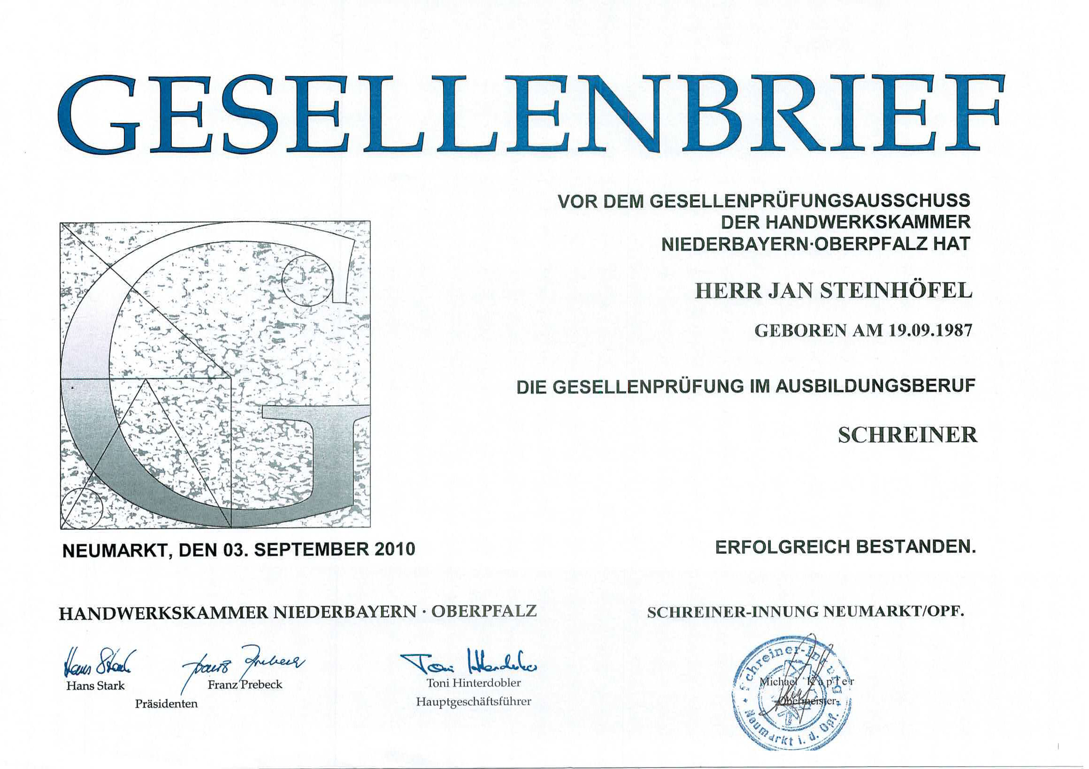 Jan Steinhöfel - Gesellenbrief