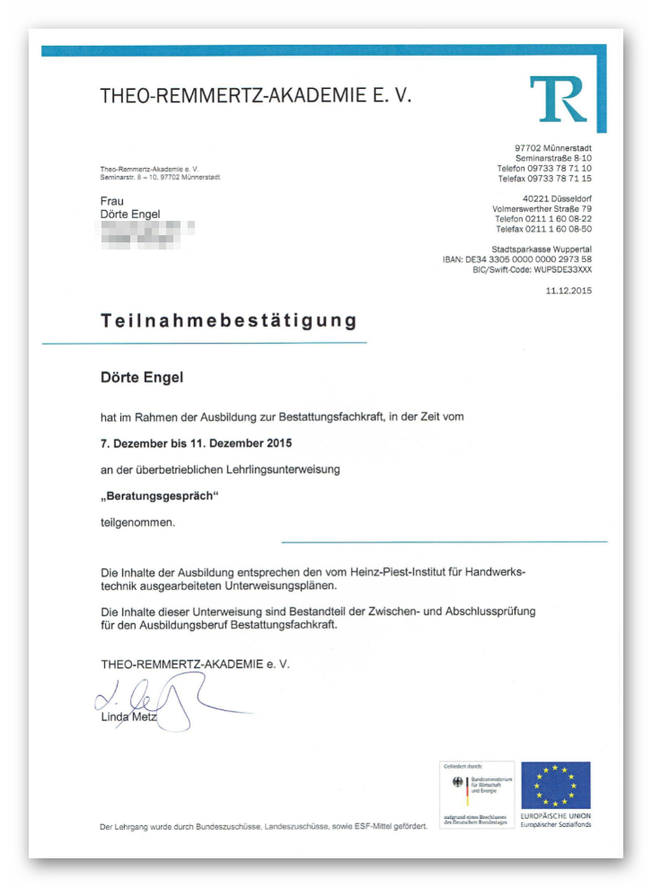 Dörte Engel - Zertifikat Beratungsgespräch