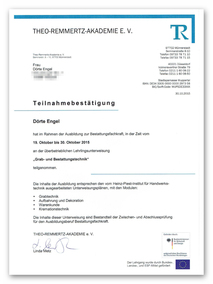 Dörte Engel - Zertifikat Grab- und Bestattungstechnik