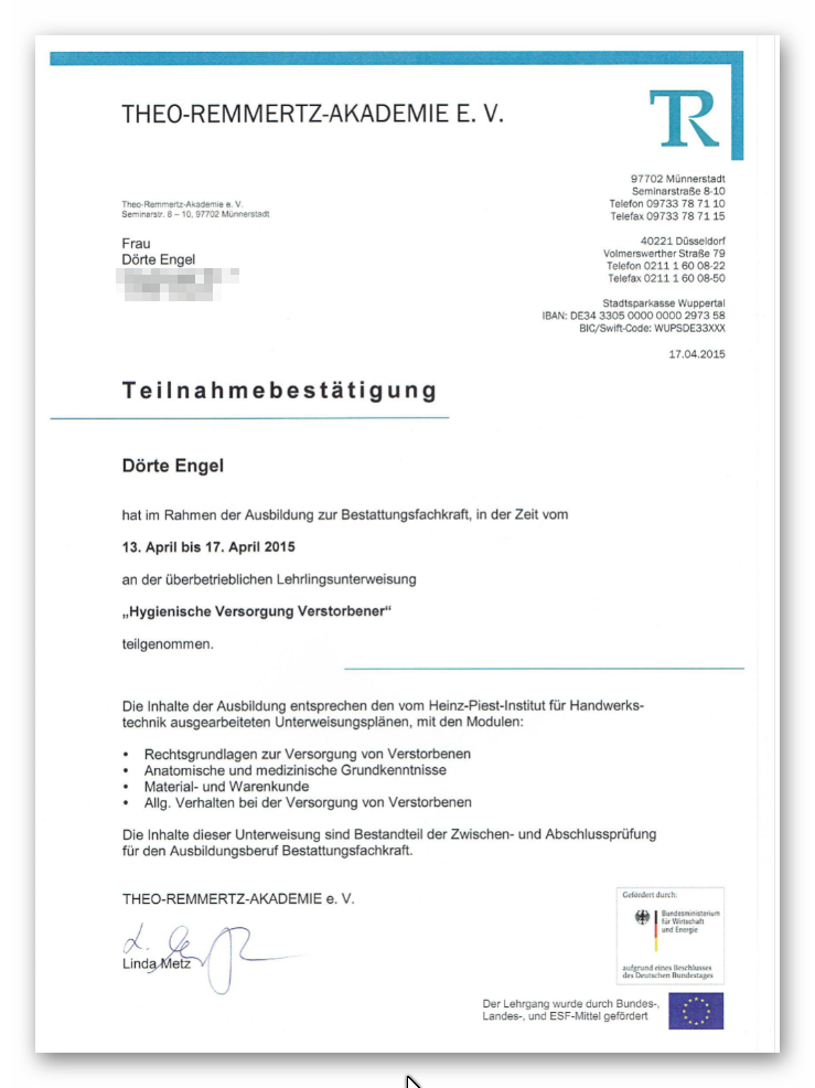 Dörte Engel - Zertifikat hygienische Versorgung Verstorbener